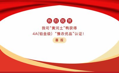 【喜報(bào)】—我司黃河土鴨獲4A(鉑金級(jí)）“豫農(nóng)優(yōu)品”認(rèn)證！